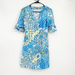 Jude Connally‎ Blue & Yellow Ruffle Sleeve Mini Tunic Stretchy Dress Size Small
